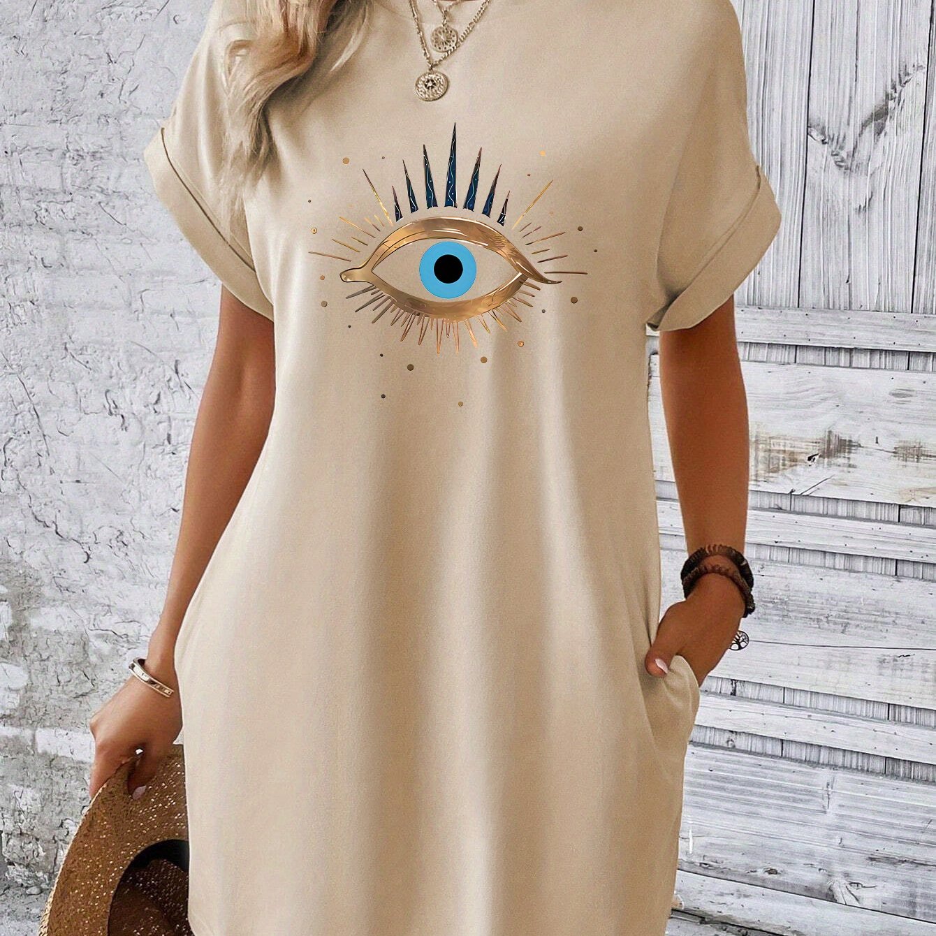 Eye Print Tee Dress, Batwing Sleeve Crew Neck Casual Dress For Summer & Spring, Women's Clothing