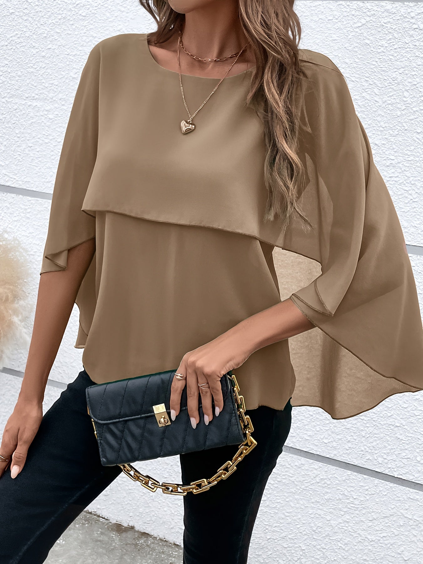 Solid Layered Cloak Sleeve Blouse, Versatile Crew Neck Blouse For Spring & Fall, Women's Clothing