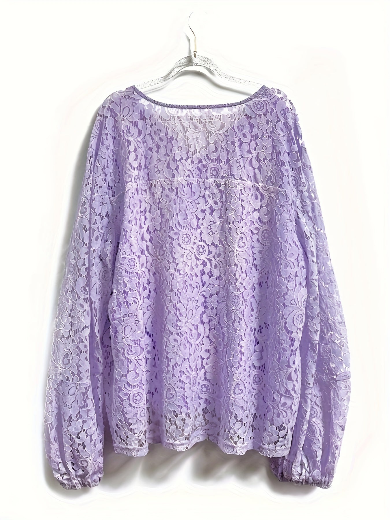 Plus Size Boho Blouse, Women's Plus Solid Lace Lantern Sleeve Tassel Trim V Neck Tunic Shirt Top
