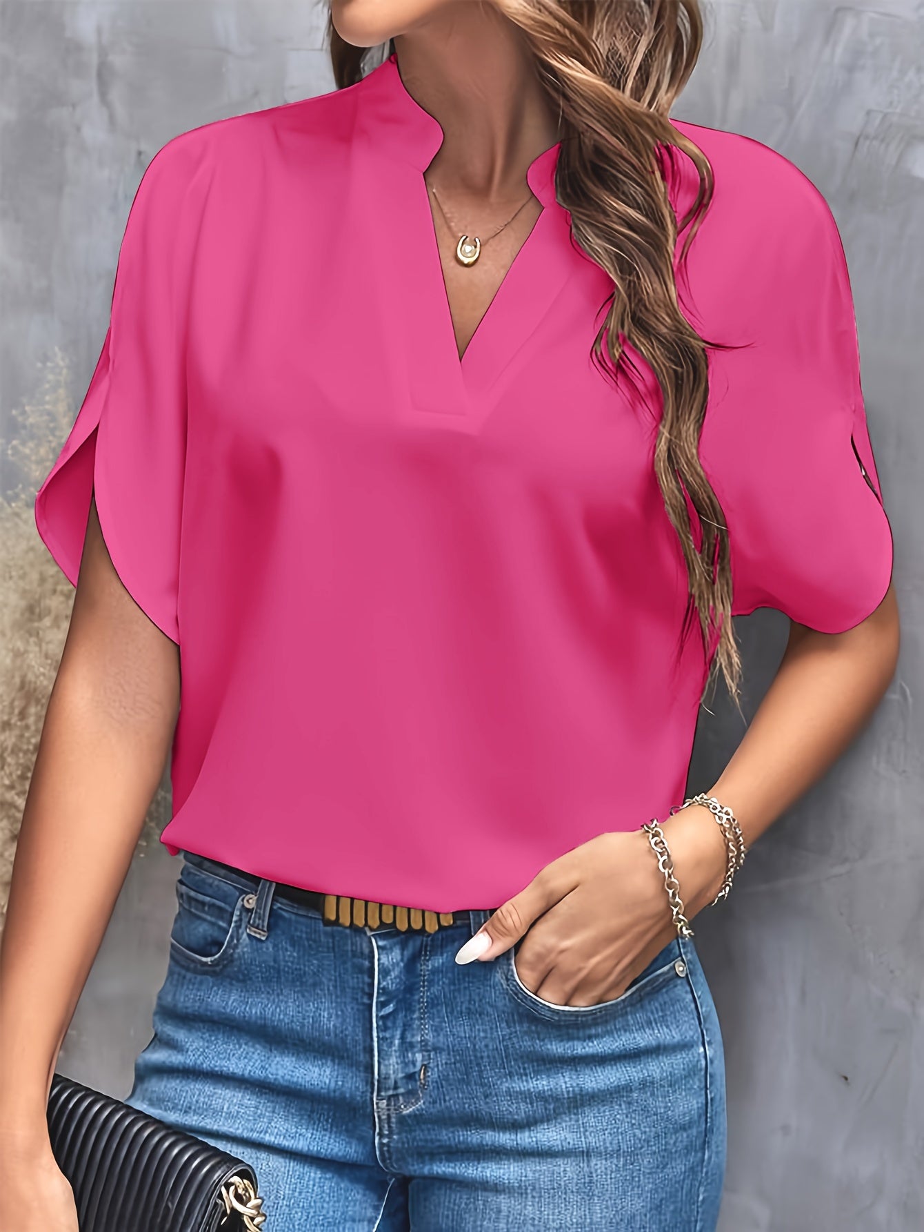 Solid Color Notch Neck Blouse, Casual Short Split Sleeve Blouse For Spring & Summer, Women's Clothing