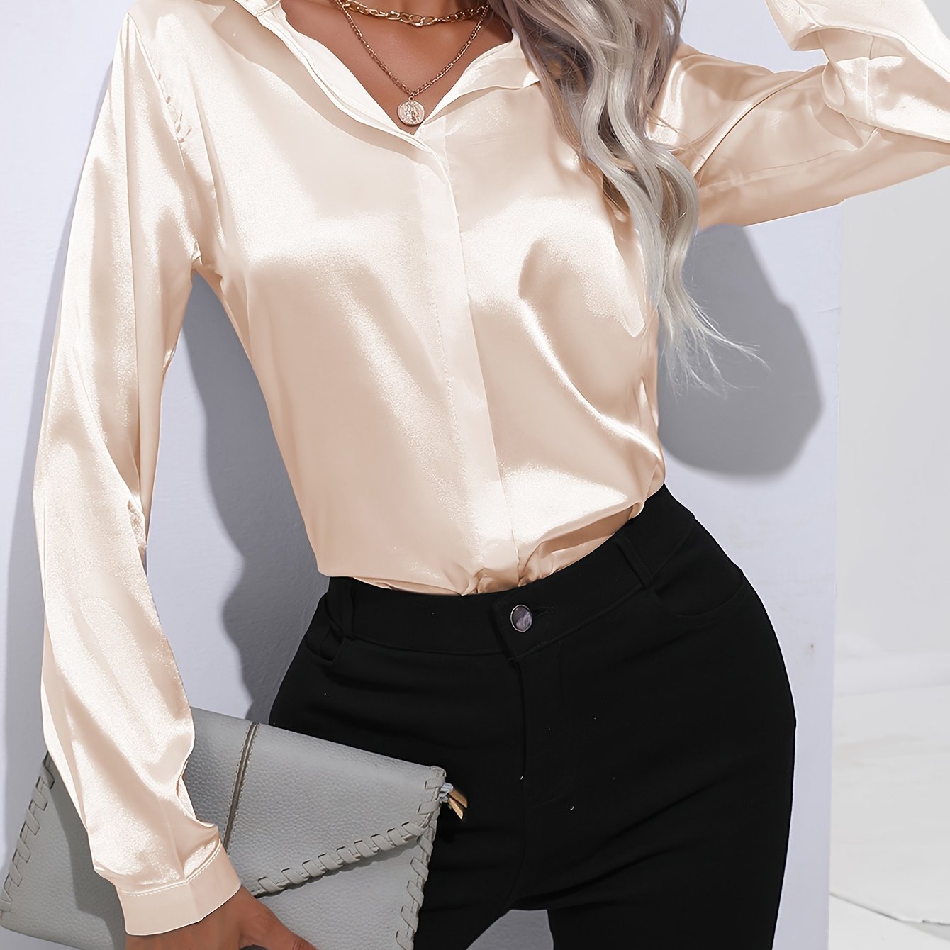 Solid Color Button Up Shirt, Elegant Long Sleeve Collared Blouse For Spring & Fall, Women's Clothing