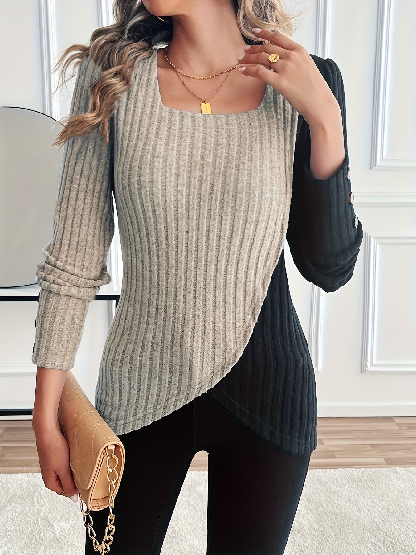 Women'S Casual Square Neck Long Sleeve Top, Asymmetrical Solid Color Knit Polyester Blouse with Spandex, Fashionable Spring/Fall Outerwear, 230gsm Fabric Weight