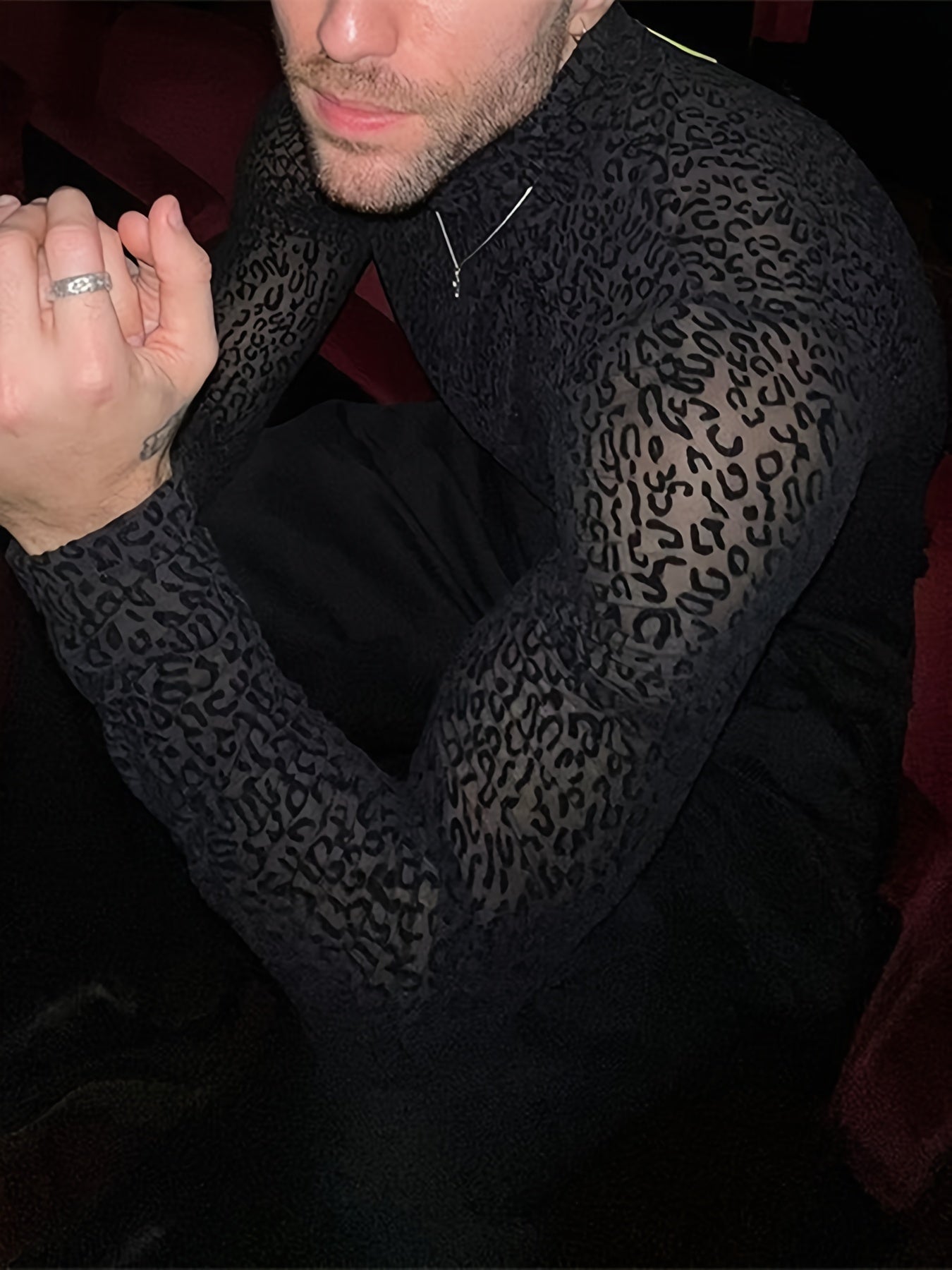 Mens O-neck Mesh Shirt Leopard Pattern See Through Blouse Party Sexy Shirt Pullover