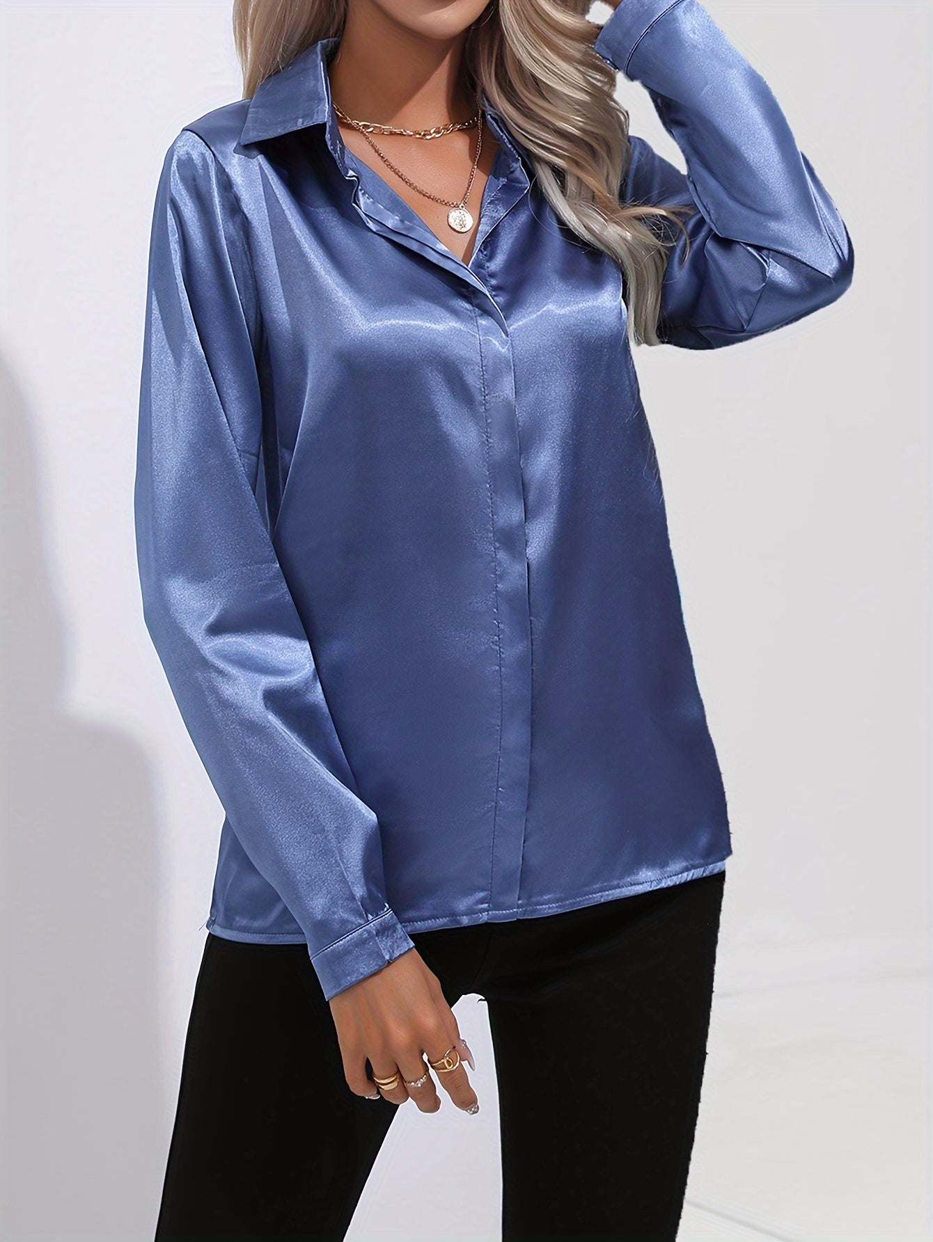 Solid Color Button Up Shirt, Elegant Long Sleeve Collared Blouse For Spring & Fall, Women's Clothing