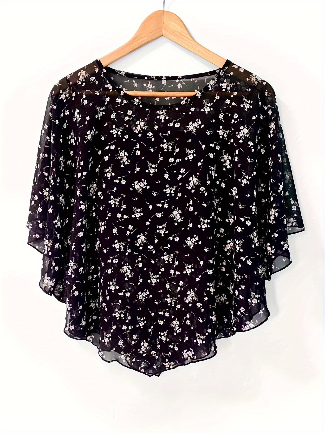 Floral Print Semi-sheer Blouse, Elegant Batwing Sleeve Irregular Hem Top For Spring & Summer, Women's Clothing