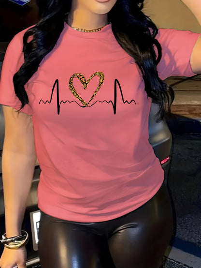 Leopard Heart Print Comfy T-Shirt, Round Neck Short Sleeve Sports Tee, Women's Activewear