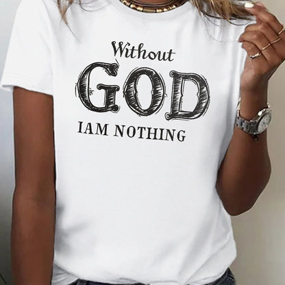 Chic Typographic Womens Tee - Comfy Cotton Crew Neck, Versatile Casual Spring & Summer Top