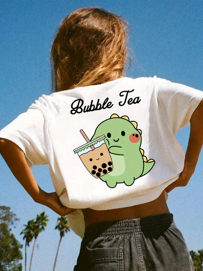 Cartoon Frog With Bubble Tea Graphic Print Creative T-Shirts, Soft & Elastic Comfy Crew Neck Short Sleeve Tee, Girls' Summer Tops, Suitable For Daily Wear