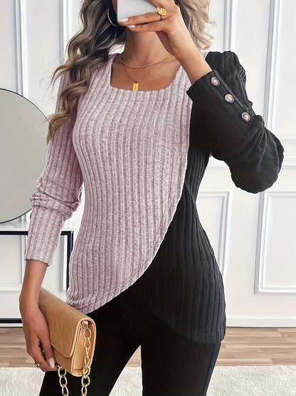 Women'S Casual Square Neck Long Sleeve Top, Asymmetrical Solid Color Knit Polyester Blouse with Spandex, Fashionable Spring/Fall Outerwear, 230gsm Fabric Weight