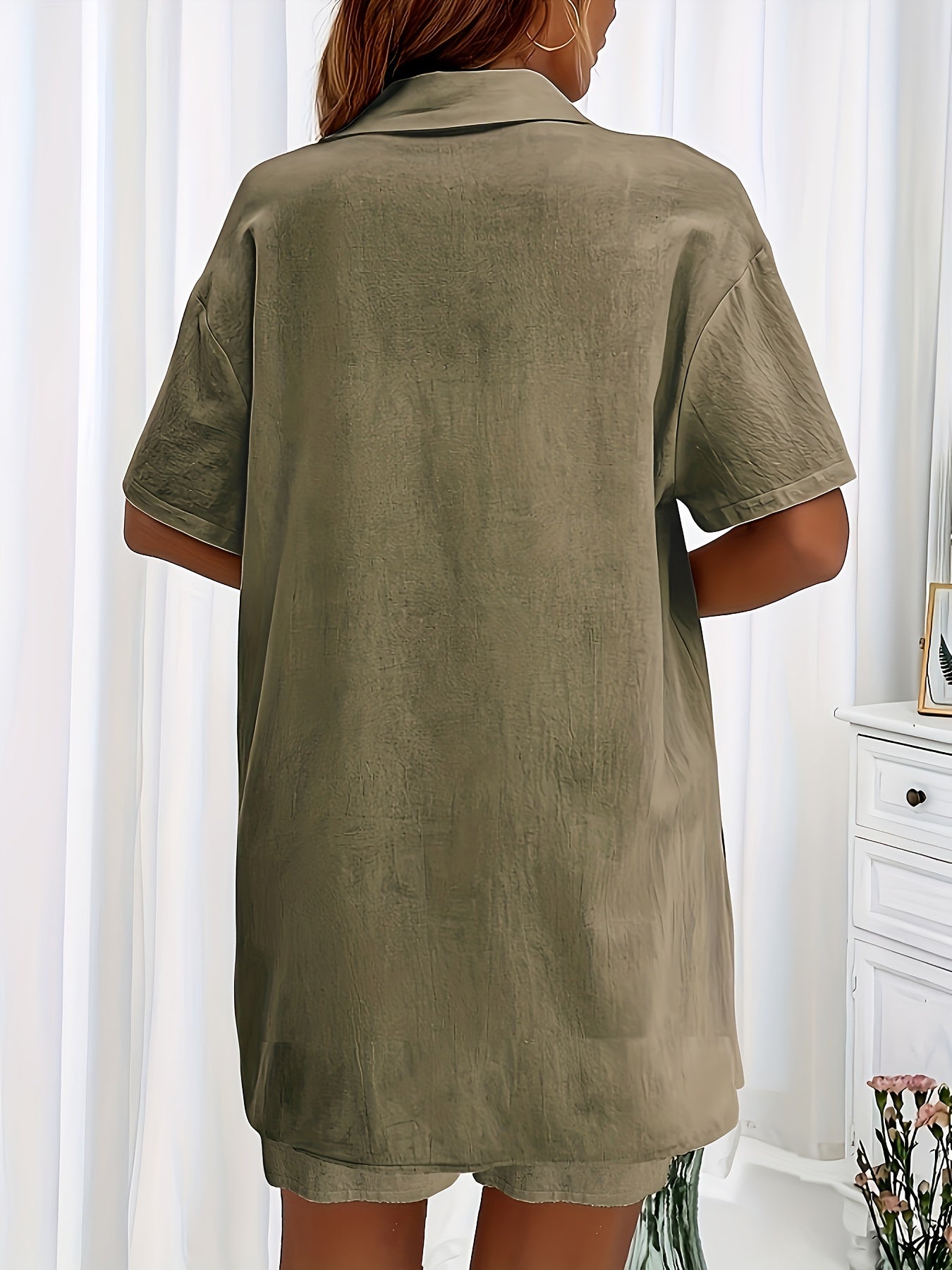 Casual Matching Two-piece Set, Short Sleeve Blouse & Drawstring Shorts Outfits, Women's Clothing