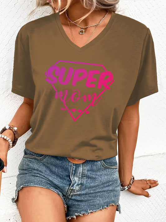 Super Mom Print Casual T-Shirt, V Neck Short Sleeves Versatile Top, Mother's Day Women's Comfy Tee