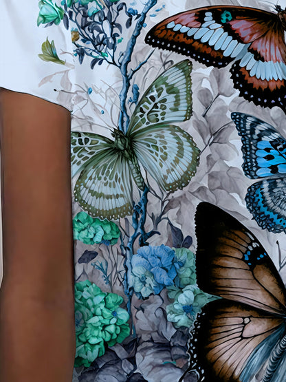 Women's Casual Butterfly Print T-shirt, 3D Printed Short Sleeve Top, Fashionable Crew Neck Tee for Daily Wear