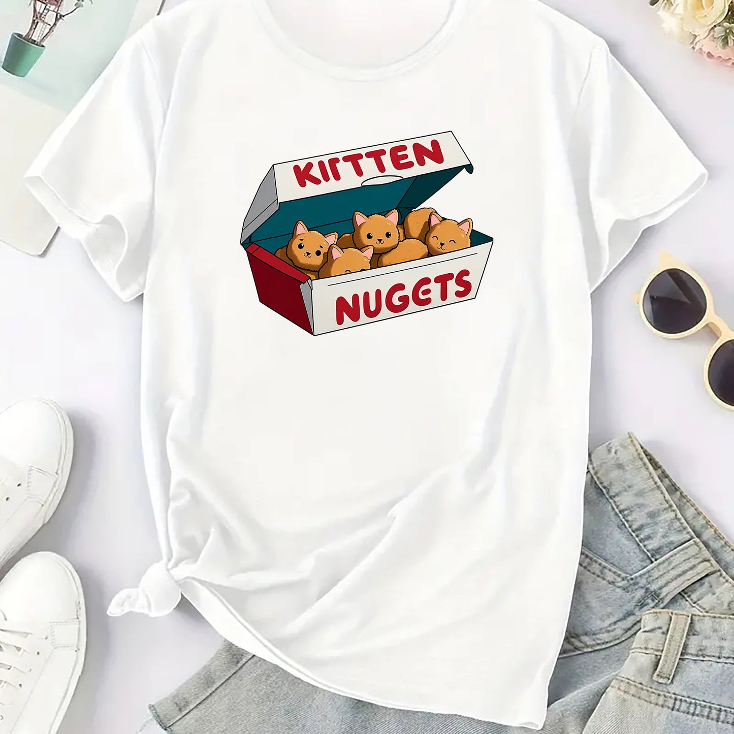 Women's Cute Cartoon Kitten Nuggets Print T-Shirt, Casual Round Neck Short Sleeve Tee, Fashion Sports Activewear Top