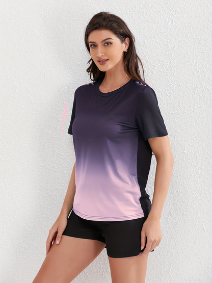 Women's Ombre Sports Tee, Gradient Shades, Casual Athletic T-Shirt, Short-Sleeve, Quick Dry, Breathable Fabric, Gym Wear, Running Top