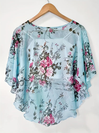 Floral Print Semi-sheer Blouse, Elegant Batwing Sleeve Irregular Hem Top For Spring & Summer, Women's Clothing