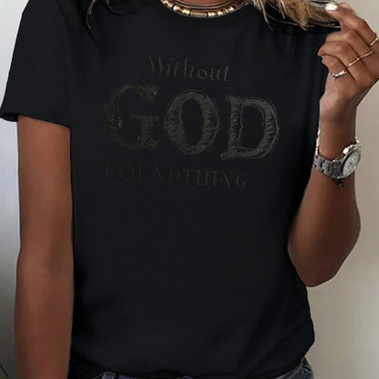 Chic Typographic Womens Tee - Comfy Cotton Crew Neck, Versatile Casual Spring & Summer Top