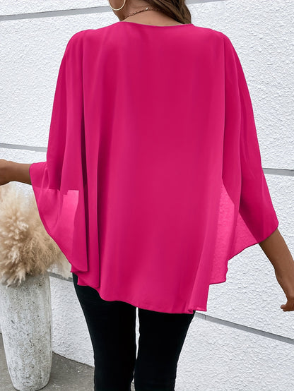 Solid Layered Cloak Sleeve Blouse, Versatile Crew Neck Blouse For Spring & Fall, Women's Clothing