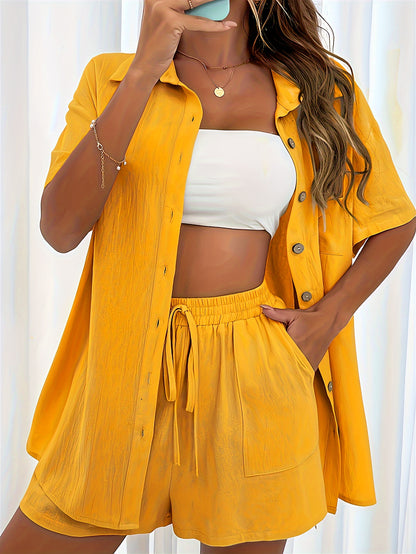 Casual Matching Two-piece Set, Short Sleeve Blouse & Drawstring Shorts Outfits, Women's Clothing
