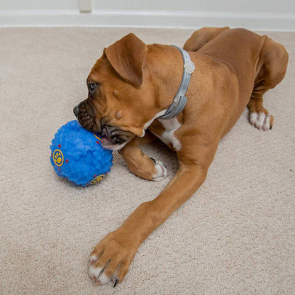 Interactive Dog Chew Toy Ball with Treat Dispenser - Durable Food-Dispensing Squeaky Toy for Teething Puppies & Dental Health, All Breeds, Black with Green & Yellow Patterns, Plastic Material