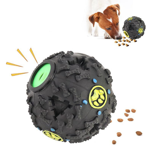 Interactive Dog Chew Toy Ball with Treat Dispenser - Durable Food-Dispensing Squeaky Toy for Teething Puppies & Dental Health, All Breeds, Black with Green & Yellow Patterns, Plastic Material