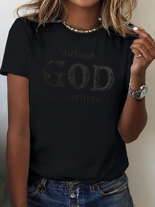 Chic Typographic Womens Tee - Comfy Cotton Crew Neck, Versatile Casual Spring & Summer Top