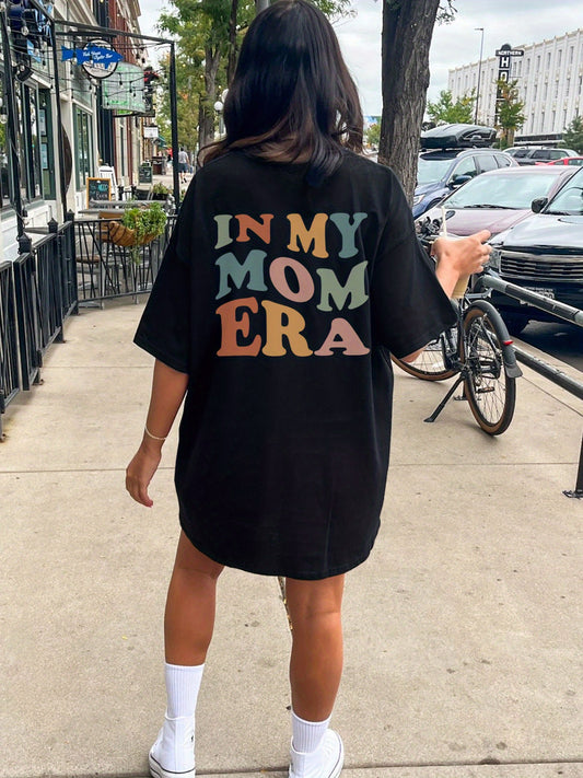 Women's "IN MY MOM ERA" Graphic Print Crew Neck Tee Dress - 100% Cotton Casual Short Sleeve Dress with Bold Letter Design, Machine Washable All-Season Comfort for Spring & Summer Outfits, Relaxed Style, Trendy Design, Durable