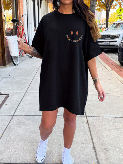Women's "IN MY MOM ERA" Graphic Print Crew Neck Tee Dress - 100% Cotton Casual Short Sleeve Dress with Bold Letter Design, Machine Washable All-Season Comfort for Spring & Summer Outfits, Relaxed Style, Trendy Design, Durable