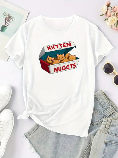 Women's Cute Cartoon Kitten Nuggets Print T-Shirt, Casual Round Neck Short Sleeve Tee, Fashion Sports Activewear Top