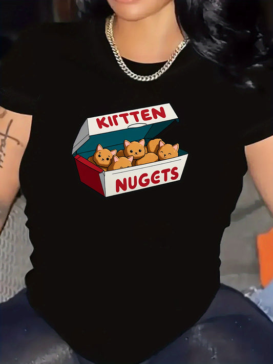 Women's Cute Cartoon Kitten Nuggets Print T-Shirt, Casual Round Neck Short Sleeve Tee, Fashion Sports Activewear Top