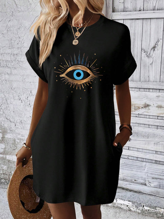 Eye Print Tee Dress, Batwing Sleeve Crew Neck Casual Dress For Summer & Spring, Women's Clothing