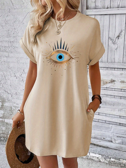 Eye Print Tee Dress, Batwing Sleeve Crew Neck Casual Dress For Summer & Spring, Women's Clothing