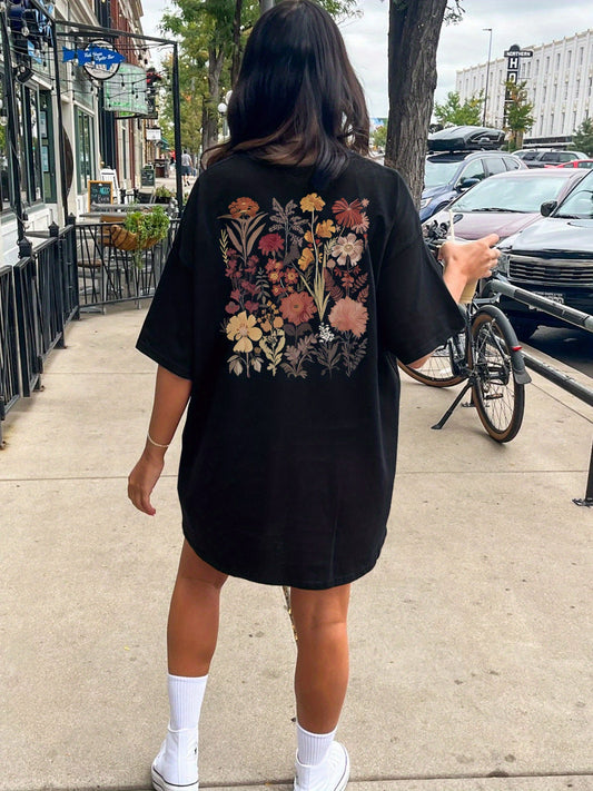 Floral Print Crew Neck Tee Dress, Casual Short Sleeve Dress For Spring & Summer, Women's Clothing
