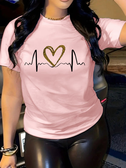 Leopard Heart Print Comfy T-Shirt, Round Neck Short Sleeve Sports Tee, Women's Activewear