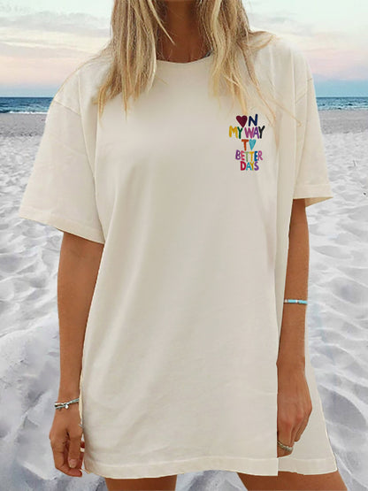Heart Print Crew Neck Tee Dress, Casual Short Sleeve Dress For Spring & Summer, Women's Clothing