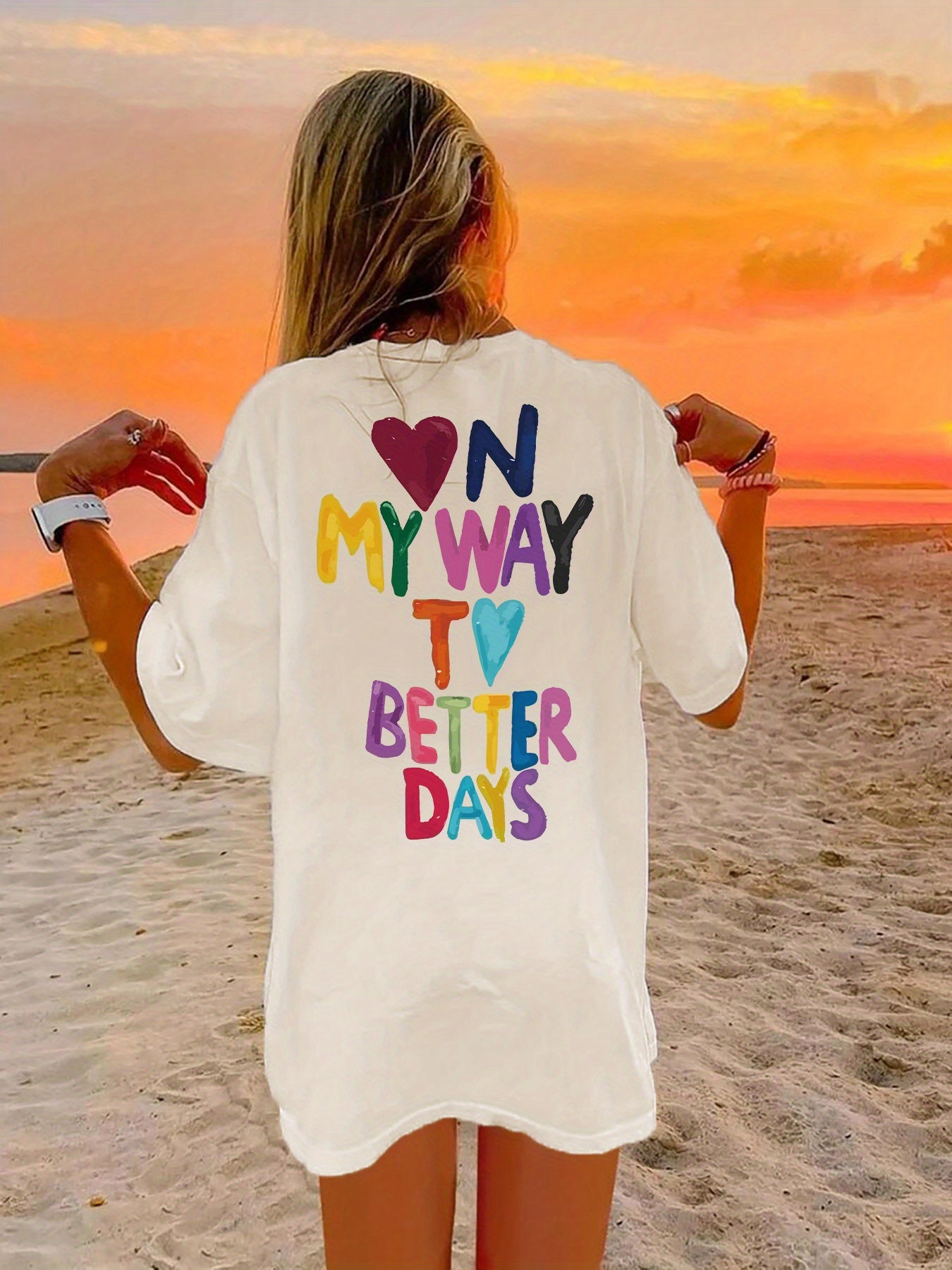 Heart Print Crew Neck Tee Dress, Casual Short Sleeve Dress For Spring & Summer, Women's Clothing