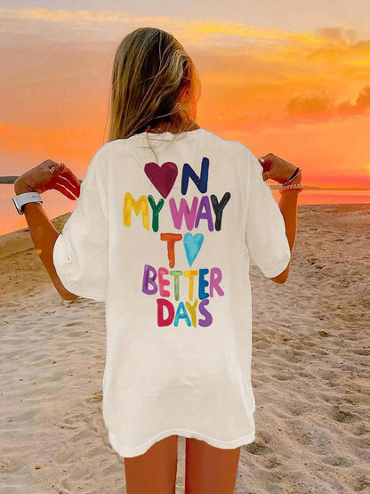 Heart Print Crew Neck Tee Dress, Casual Short Sleeve Dress For Spring & Summer, Women's Clothing