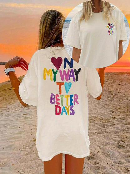 Heart Print Crew Neck Tee Dress, Casual Short Sleeve Dress For Spring & Summer, Women's Clothing