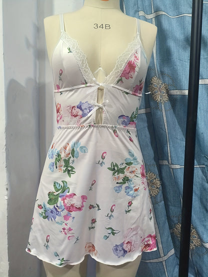 Sensual Women's Floral Print Slip Nightdress, Sexy Deep V Hollow Out Lace Trim Sleep Dress for Women's Sleepwear & Dresses