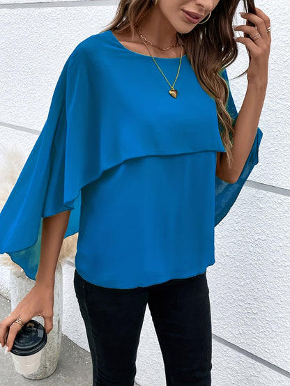 Solid Layered Cloak Sleeve Blouse, Versatile Crew Neck Blouse For Spring & Fall, Women's Clothing