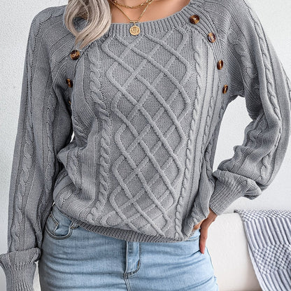 Women's Casual Square Neck Sweater - Smooth Acrylic Knit Fabric, Medium Stretch, Regular Length | Hand Wash or Professional Dry Clean | Button Detail