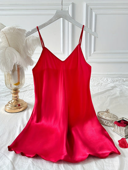 Simple Solid Satin Nightdress, Elegant V-neck Side Split Spaghetti Strap Sleep Dress, Women's Sleepwear & Dresses