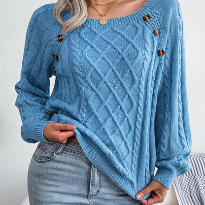 Women's Casual Square Neck Sweater - Smooth Acrylic Knit Fabric, Medium Stretch, Regular Length | Hand Wash or Professional Dry Clean | Button Detail