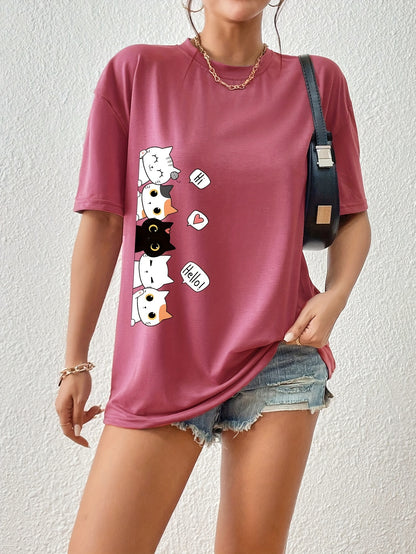 Whimsical Feline Tee - Classic Round Neck, Comfortable Short Sleeves, Versatile Sports Tee for Daily Wear or Athletic Activities - Ideal for Casual Womens Tops