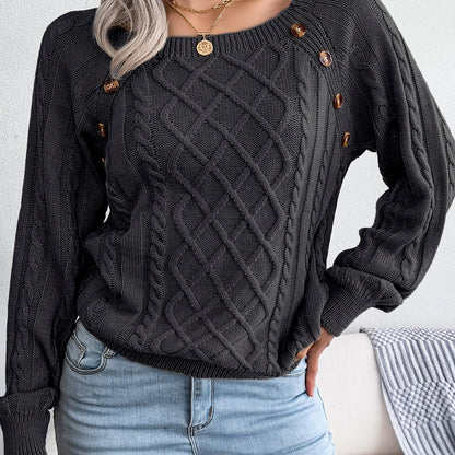 Women's Casual Square Neck Sweater - Smooth Acrylic Knit Fabric, Medium Stretch, Regular Length | Hand Wash or Professional Dry Clean | Button Detail