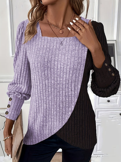 Women'S Casual Square Neck Long Sleeve Top, Asymmetrical Solid Color Knit Polyester Blouse with Spandex, Fashionable Spring/Fall Outerwear, 230gsm Fabric Weight