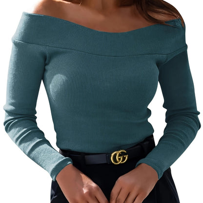 Long Sleeve Off The Shoulder Elegant Slim Fitted Womens Tops Tees Shirts Blouses