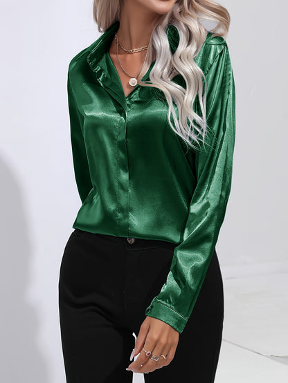 Solid Color Button Up Shirt, Elegant Long Sleeve Collared Blouse For Spring & Fall, Women's Clothing