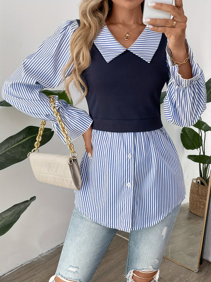 Striped Print Color Block Blouse, Elegant Long Sleeve Button Front Blouse For Spring & Fall, Women's Clothing