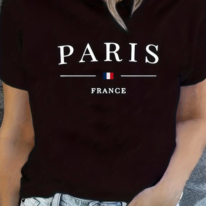 Women's PARIS Print T-Shirt, Casual Style Summer Top, Fashionable Short-Sleeve Sporty Tee