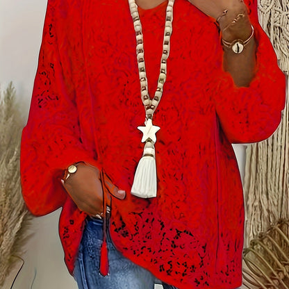 Plus Size Boho Blouse, Women's Plus Solid Lace Lantern Sleeve Tassel Trim V Neck Tunic Shirt Top